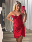 Red - Strapless Satin Bodycon Mini Party Dresses With Beading