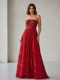 Red - A Line Strapless Pleating Long Prom Dress With Applique