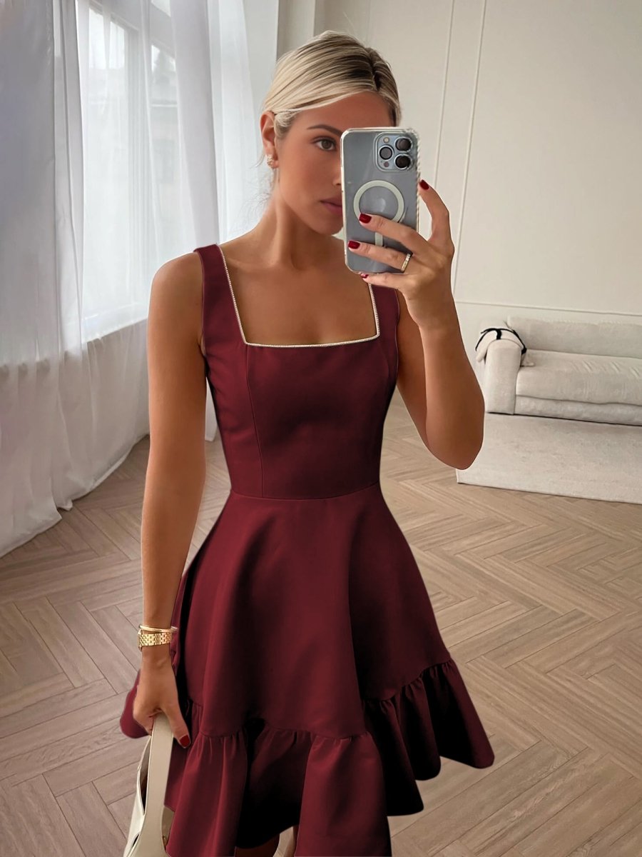 Zinovia | White - A Line Satin Square Neck Ruffles Short Homecoming Dresses