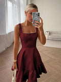 Zinovia | White - A Line Satin Square Neck Ruffles Short Homecoming Dresses