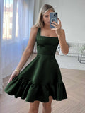 Zinovia | White - A Line Satin Square Neck Ruffles Short Homecoming Dresses