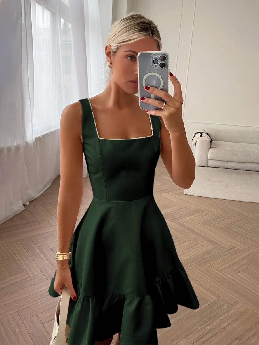 Zinovia | White - A Line Satin Square Neck Ruffles Short Homecoming Dresses