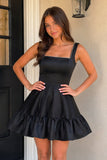 Zinovia | White - A Line Satin Square Neck Ruffles Short Homecoming Dresses