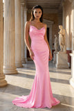 Pink Spaghetti Straps Satin Mermaid Prom Dress