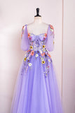 Lavendelfarbenes Blumenapplikationen-Puffärmel-A-Linien-Kleid mit langen Ball- und Partykleidern