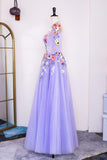 Lavendelfarbenes Blumenapplikationen-Puffärmel-A-Linien-Kleid mit langen Ball- und Partykleidern
