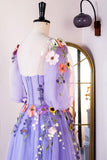 Lavendelfarbenes Blumenapplikationen-Puffärmel-A-Linien-Kleid mit langen Ball- und Partykleidern