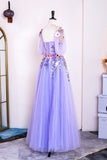 Lavendelfarbenes Blumenapplikationen-Puffärmel-A-Linien-Kleid mit langen Ball- und Partykleidern