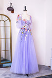 Lavendelfarbenes Blumenapplikationen-Puffärmel-A-Linien-Kleid mit langen Ball- und Partykleidern