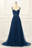 Navy Tulle A Line Corset Prom Dress with Appliques Formal Evening Dresses