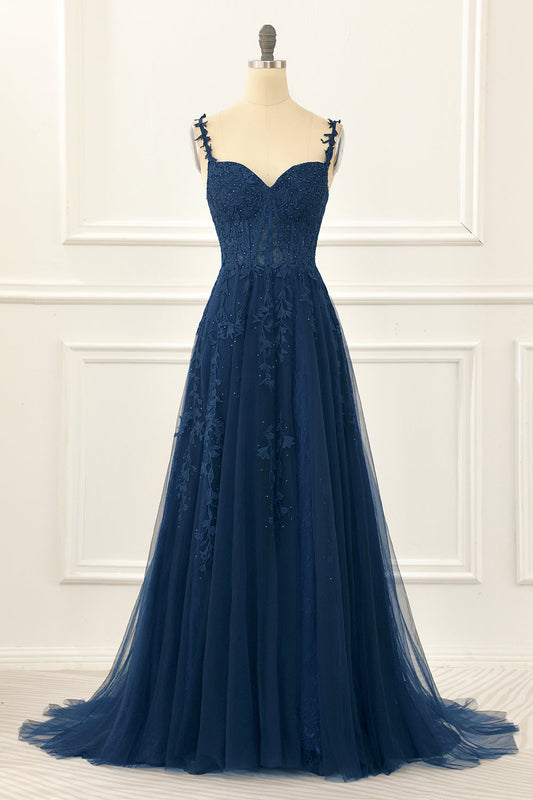 Marineblaues A-Linien-Korsett-Ballkleid aus Tüll mit Applikationen, formelle Abendkleider
