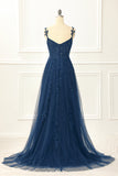 Navy Tulle A Line Corset Prom Dress with Appliques Formal Evening Dresses