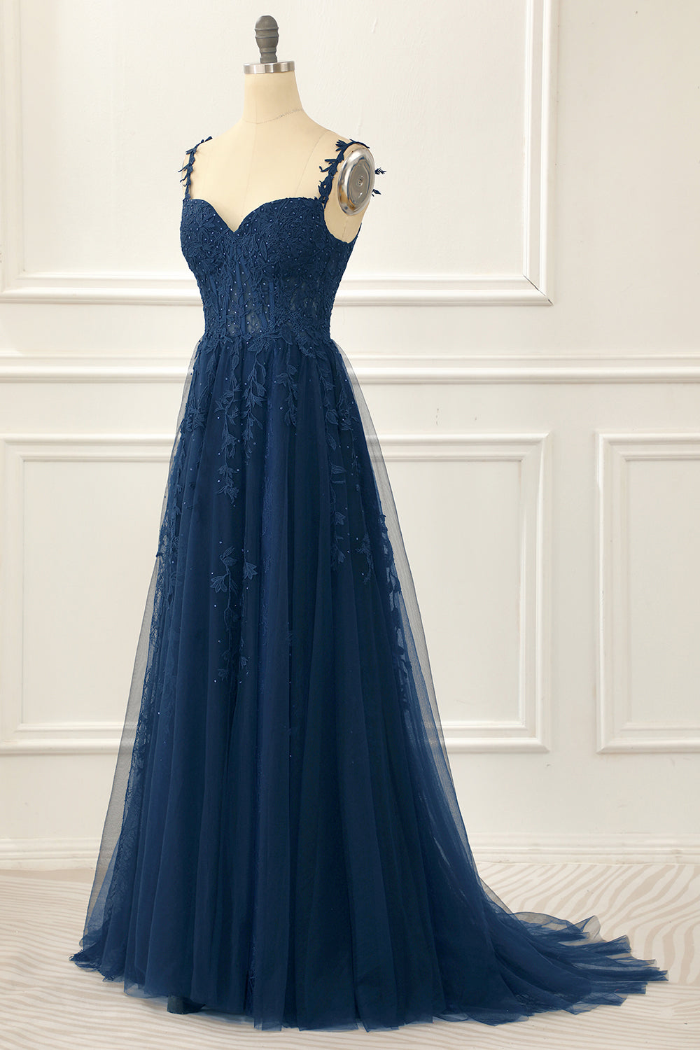 Navy Tulle A Line Corset Prom Dress with Appliques Formal Evening Dresses