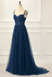 Navy Tulle A Line Corset Prom Dress with Appliques Formal Evening Dresses
