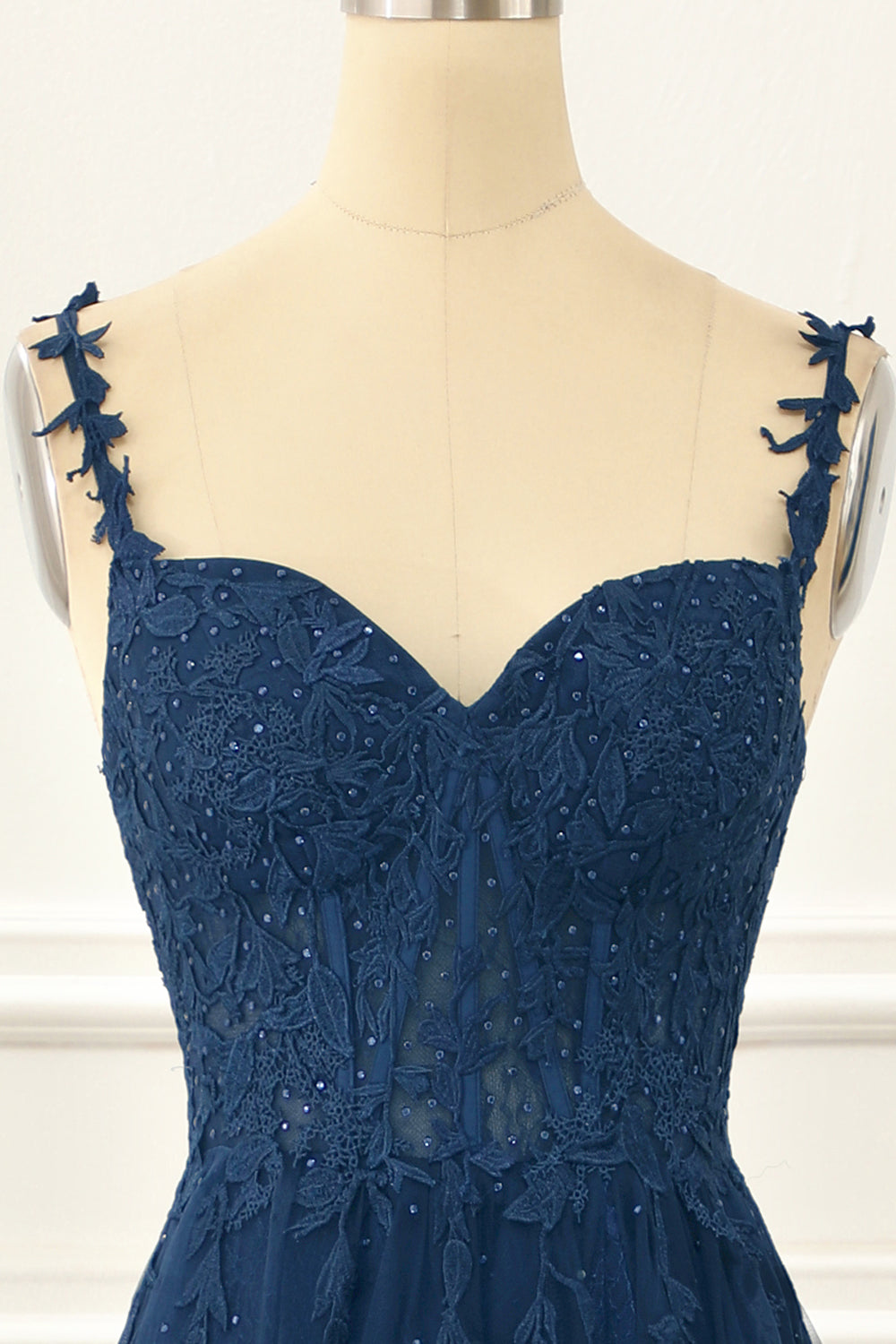 Navy Tulle A Line Corset Prom Dress with Appliques Formal Evening Dresses