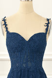 Navy Tulle A Line Corset Prom Dress with Appliques Formal Evening Dresses