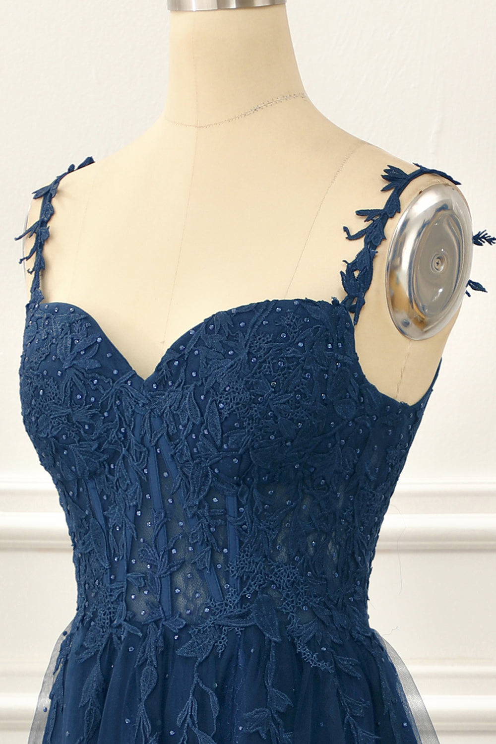 Navy Tulle A Line Corset Prom Dress with Appliques Formal Evening Dresses