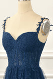 Navy Tulle A Line Corset Prom Dress with Appliques Formal Evening Dresses
