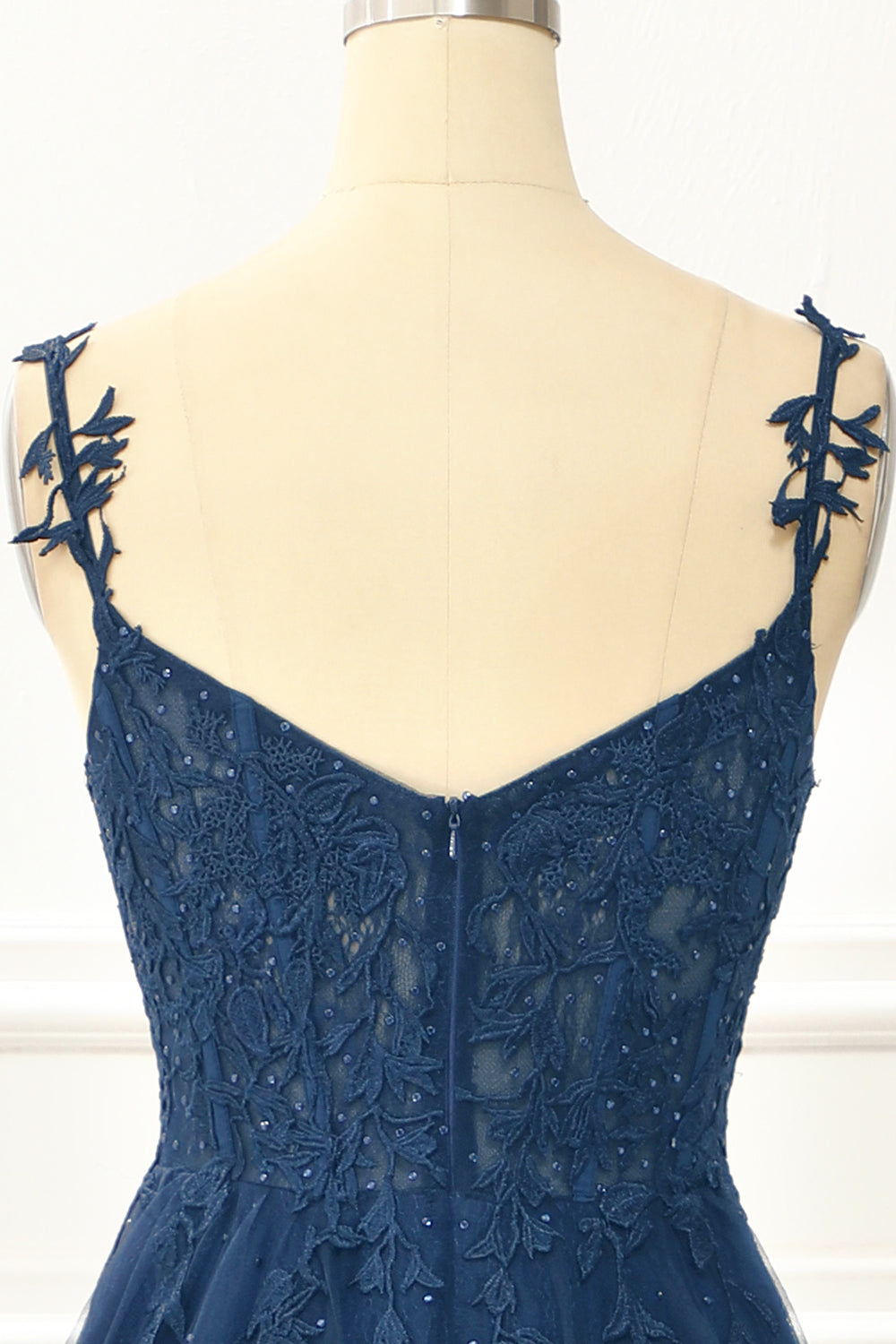 Navy Tulle A Line Corset Prom Dress with Appliques Formal Evening Dresses
