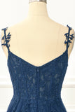 Navy Tulle A Line Corset Prom Dress with Appliques Formal Evening Dresses
