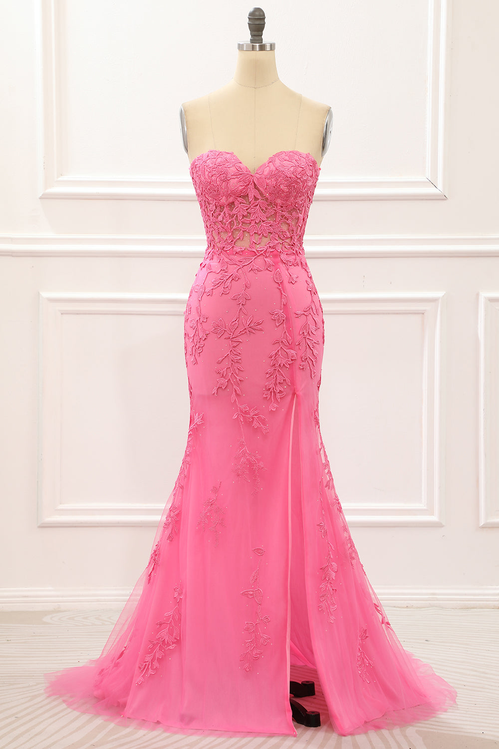 Hot Pink Tüll Schnürung am Rücken Meerjungfrau Ballkleid mit Applikationen Formelle Abendkleider