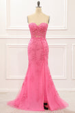 Hot Pink Tüll Schnürung am Rücken Meerjungfrau Ballkleid mit Applikationen Formelle Abendkleider