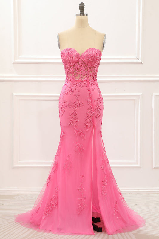 Hot Pink Tüll Schnürung am Rücken Meerjungfrau Ballkleid mit Applikationen Formelle Abendkleider