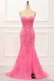 Hot Pink Tüll Schnürung am Rücken Meerjungfrau Ballkleid mit Applikationen Formelle Abendkleider