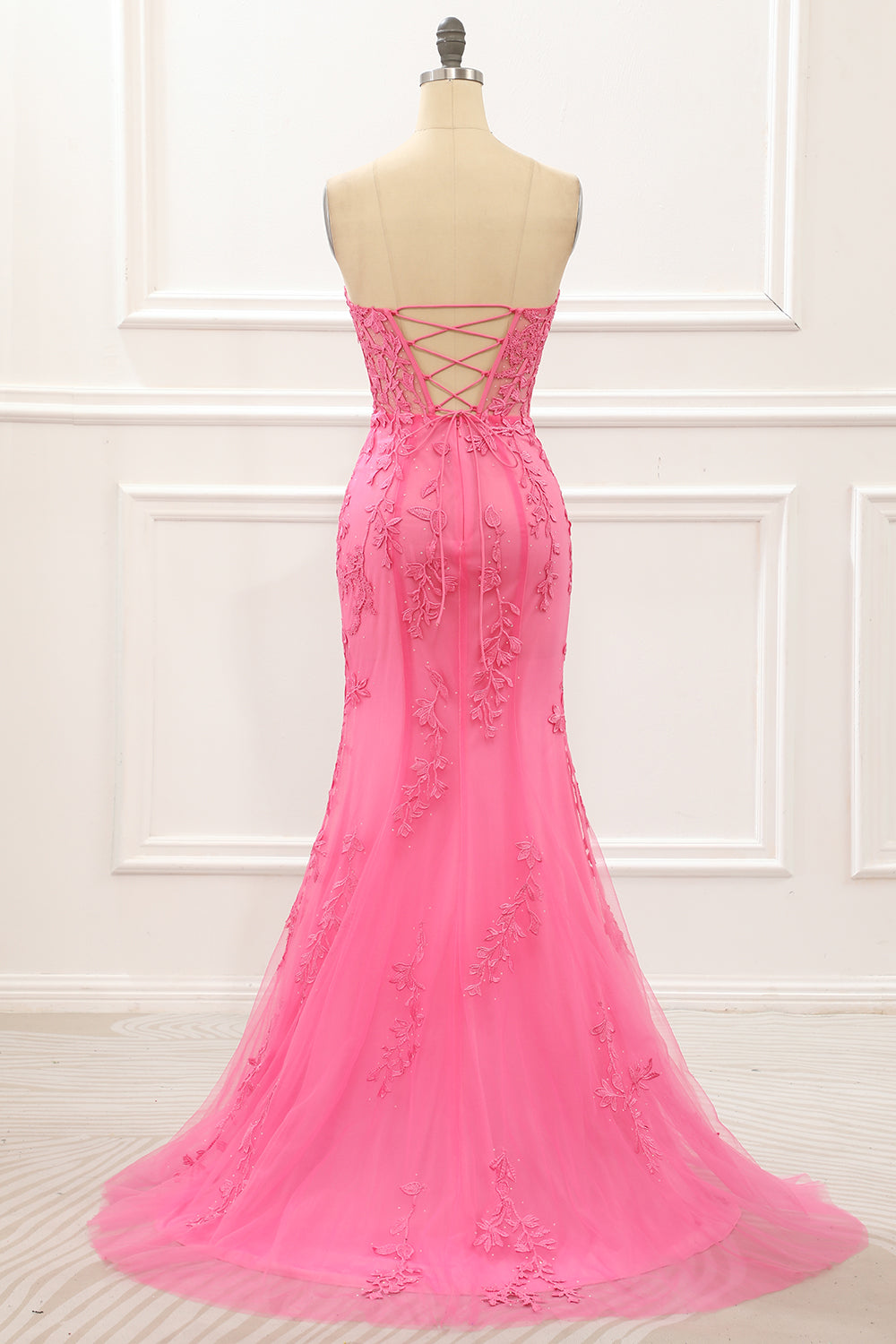 Hot Pink Tüll Schnürung am Rücken Meerjungfrau Ballkleid mit Applikationen Formelle Abendkleider