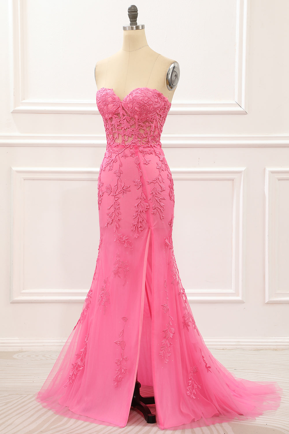 Hot Pink Tüll Schnürung am Rücken Meerjungfrau Ballkleid mit Applikationen Formelle Abendkleider