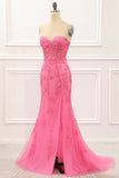 Hot Pink Tüll Schnürung am Rücken Meerjungfrau Ballkleid mit Applikationen Formelle Abendkleider