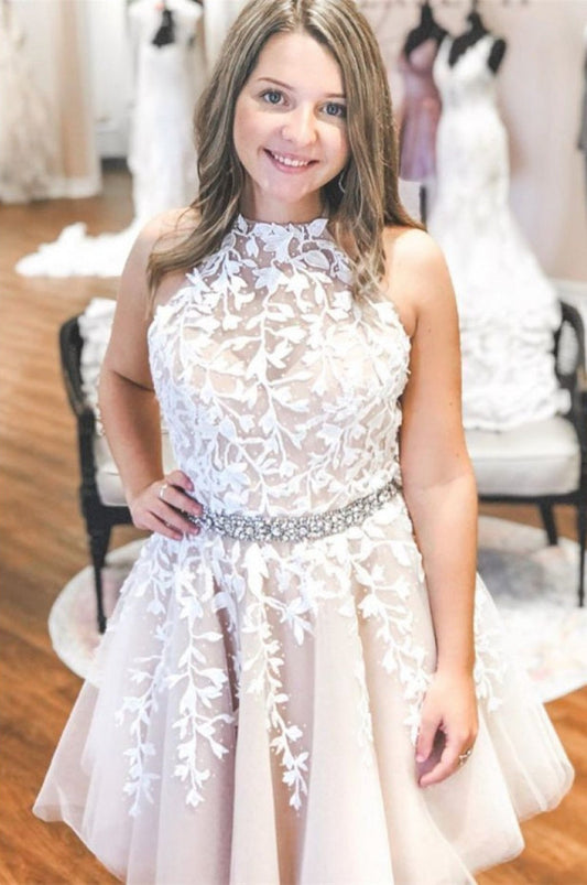 Lace Homecoming Dress Halter Neckline, Short Prom Dress, Evening Dress ,Winter Formal Dress, Pageant Dance Dresses, Back To School Party Gown, PC0580 - Promcoming