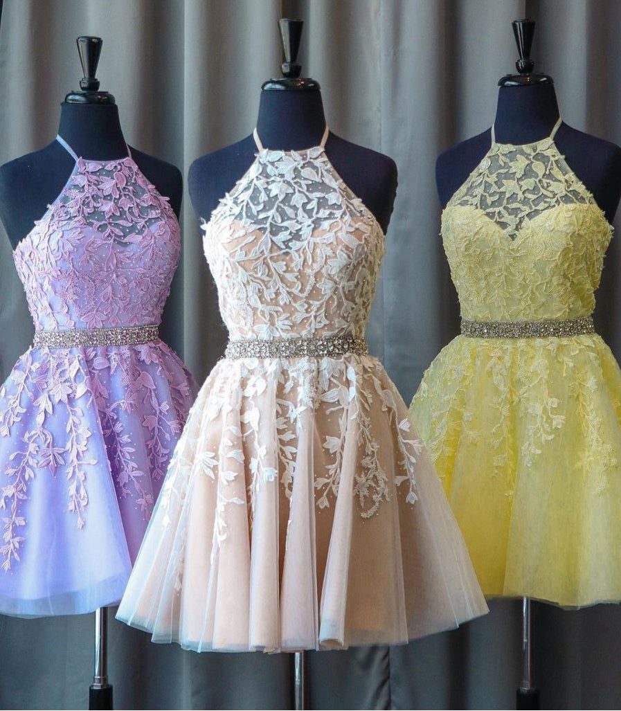 Lace Homecoming Dress Halter Neckline, Short Prom Dress, Evening Dress ,Winter Formal Dress, Pageant Dance Dresses, Back To School Party Gown, PC0580 - Promcoming