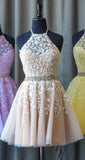 Lace Homecoming Dress Halter Neckline, Short Prom Dress, Evening Dress ,Winter Formal Dress, Pageant Dance Dresses, Back To School Party Gown, PC0580 - Promcoming