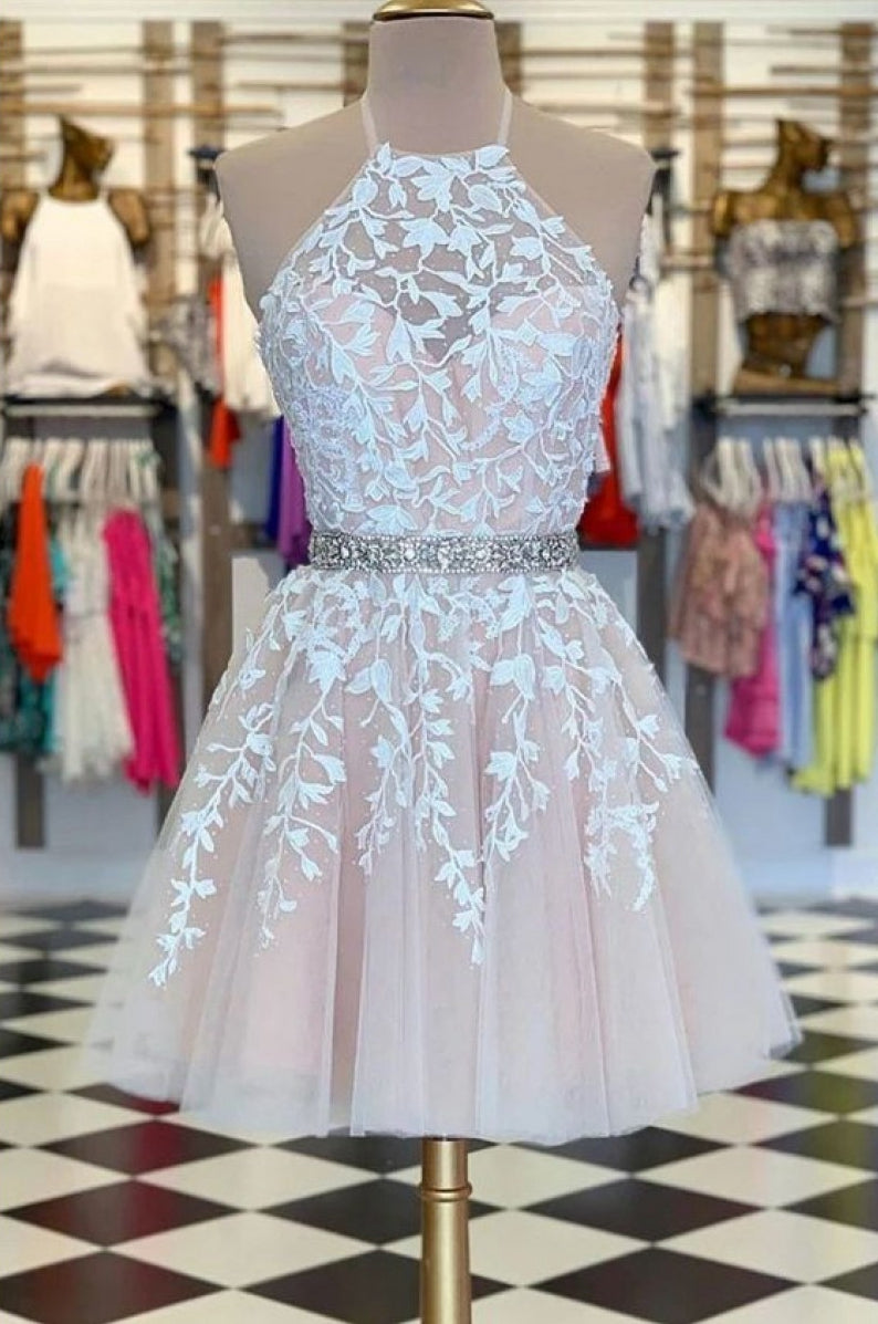 Lace Homecoming Dress Halter Neckline, Short Prom Dress, Evening Dress ,Winter Formal Dress, Pageant Dance Dresses, Back To School Party Gown, PC0580 - Promcoming