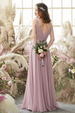 Blush V Neck Long Chiffon Bridesmaid Dress Formal Evening Dresses Prom Party Gowns