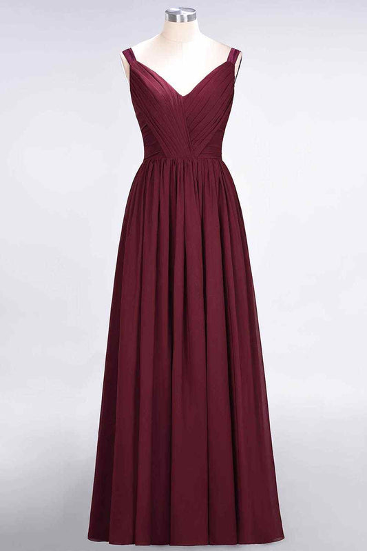 Burgundy A-line V Neck Sheer Straps Pleated Chiffon Long Bridesmaid Dress Prom Evening Gowns