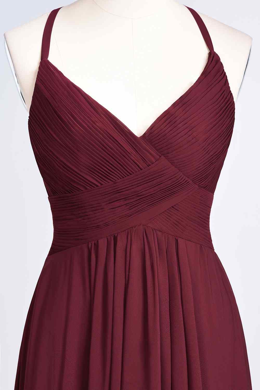 Burgundy A-line V Neck Pleated Crossed Back Chiffon Long Bridesmaid Dress Prom Evening Gowns