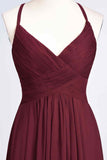 Burgundy A-line V Neck Pleated Crossed Back Chiffon Long Bridesmaid Dress Prom Evening Gowns