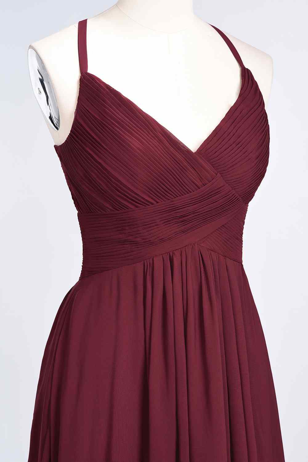 Burgundy A-line V Neck Pleated Crossed Back Chiffon Long Bridesmaid Dress Prom Evening Gowns