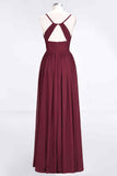 Burgundy A-line Sweetheart Neck Pleated Chiffon Long Bridesmaid Dress Prom Evening Gowns