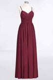 Burgundy A-line Sweetheart Neck Pleated Chiffon Long Bridesmaid Dress Prom Evening Gowns