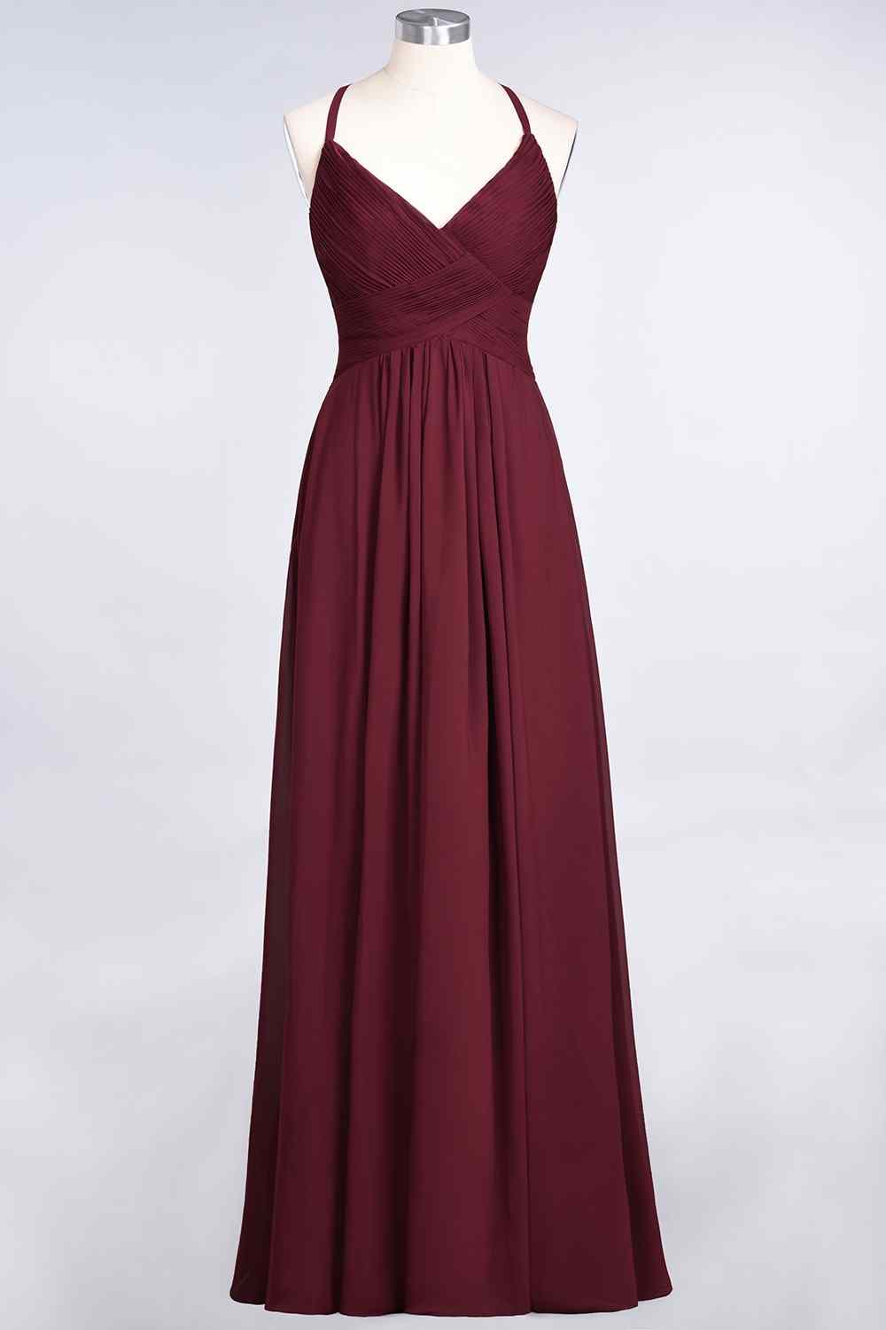 Burgundy A-line V Neck Pleated Crossed Back Chiffon Long Bridesmaid Dress Prom Evening Gowns