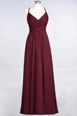 Burgundy A-line V Neck Pleated Crossed Back Chiffon Long Bridesmaid Dress Prom Evening Gowns