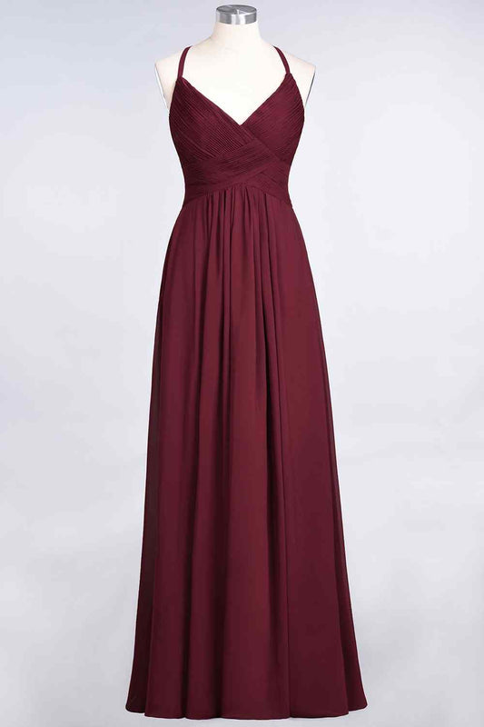 Burgundy A-line V Neck Pleated Crossed Back Chiffon Long Bridesmaid Dress Prom Evening Gowns