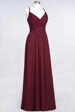Burgundy A-line V Neck Pleated Crossed Back Chiffon Long Bridesmaid Dress Prom Evening Gowns