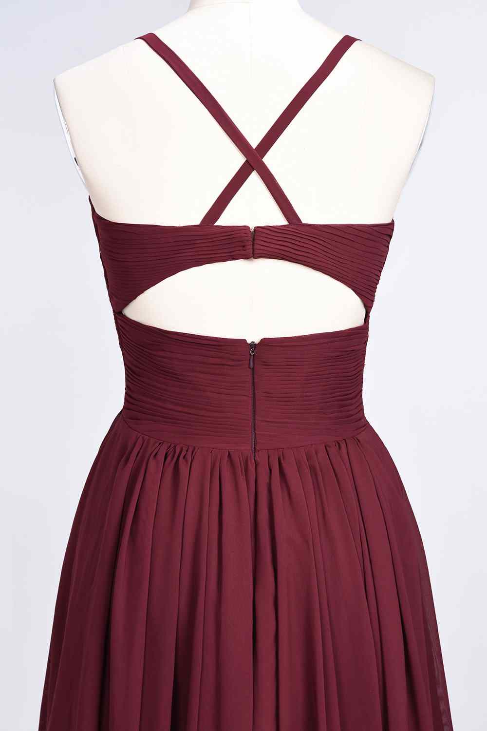 Burgundy A-line V Neck Pleated Crossed Back Chiffon Long Bridesmaid Dress Prom Evening Gowns