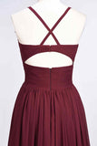 Burgundy A-line V Neck Pleated Crossed Back Chiffon Long Bridesmaid Dress Prom Evening Gowns