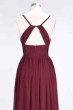 Burgundy A-line Sweetheart Neck Pleated Chiffon Long Bridesmaid Dress Prom Evening Gowns