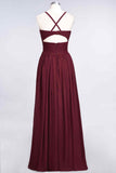 Burgundy A-line V Neck Pleated Crossed Back Chiffon Long Bridesmaid Dress Prom Evening Gowns